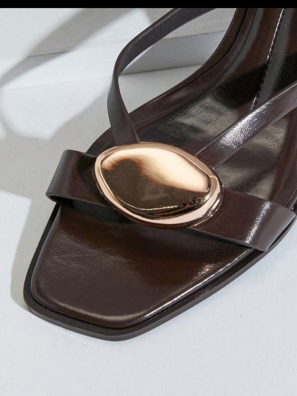 Faux Leather gold hardware metal Accent Slide heeled open toe heels Dark Brown - Picture 2 of 4